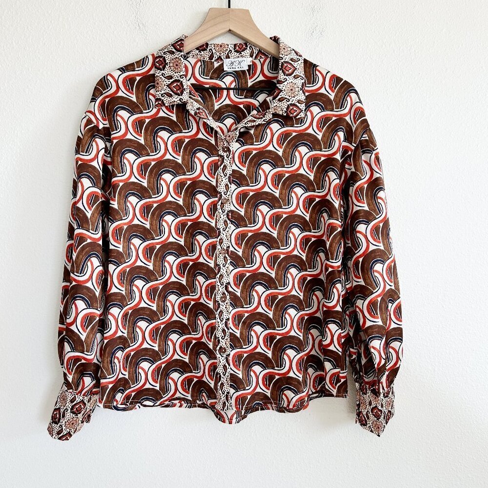 Anna Kay Shirt Brown Orange Retro Geo Print Button Up Satin Blouse